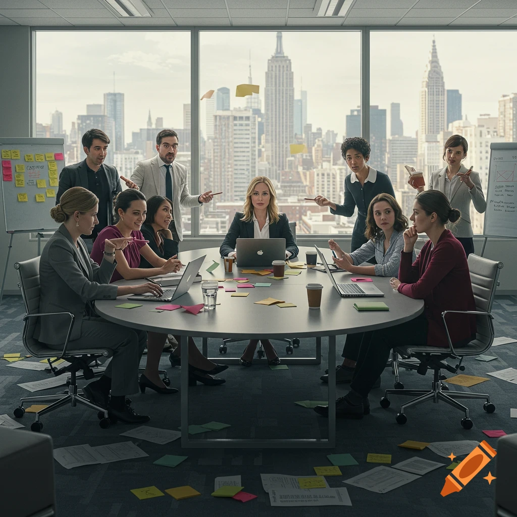 A diverse group of business professionals in a chaotic meeting room with papers and sticky notes scattered on the table and floor, overlooking a city skyline.