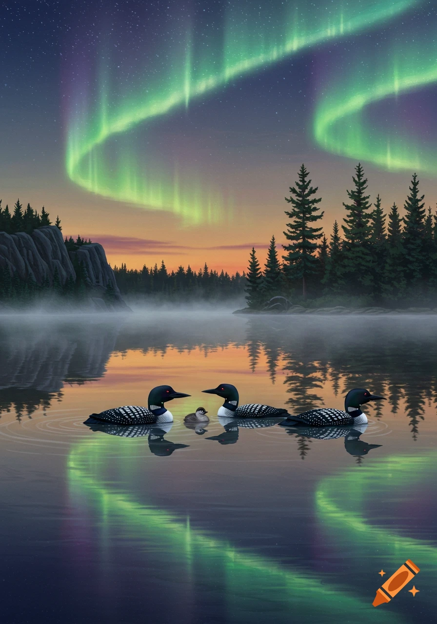 An illustrated loon family on a misty lake with pine trees and reflections under a vibrant green aurora borealis.