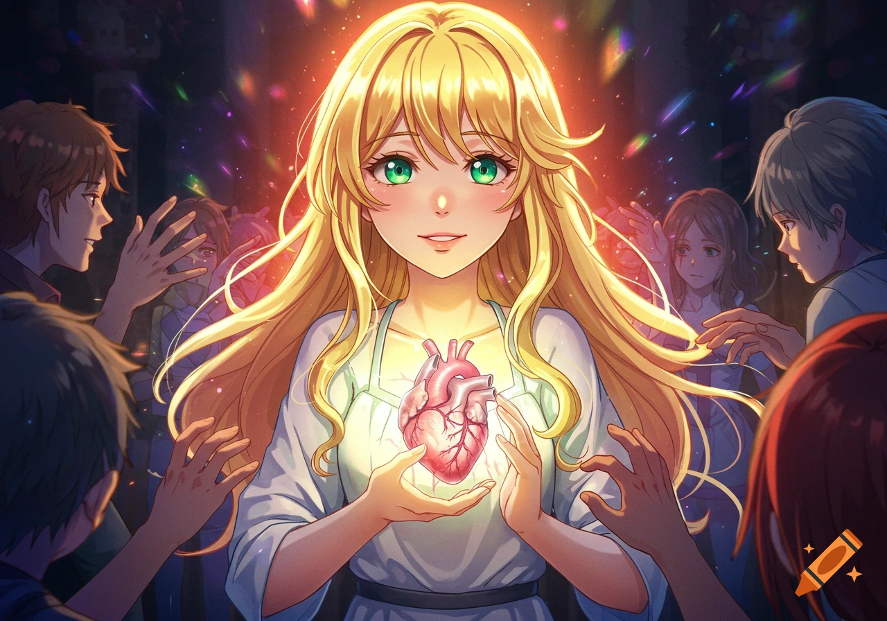 A blonde anime woman with green eyes holds a glowing anatomical heart as people reach for her amidst colorful lights.