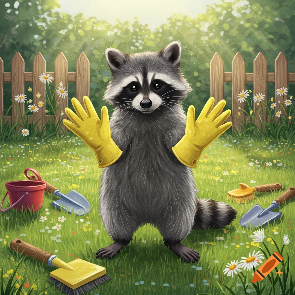A cute, cartoonish raccoon stands in a grassy garden, wearing bright yellow cleaning gloves, surrounded by gardening tools and daisies.