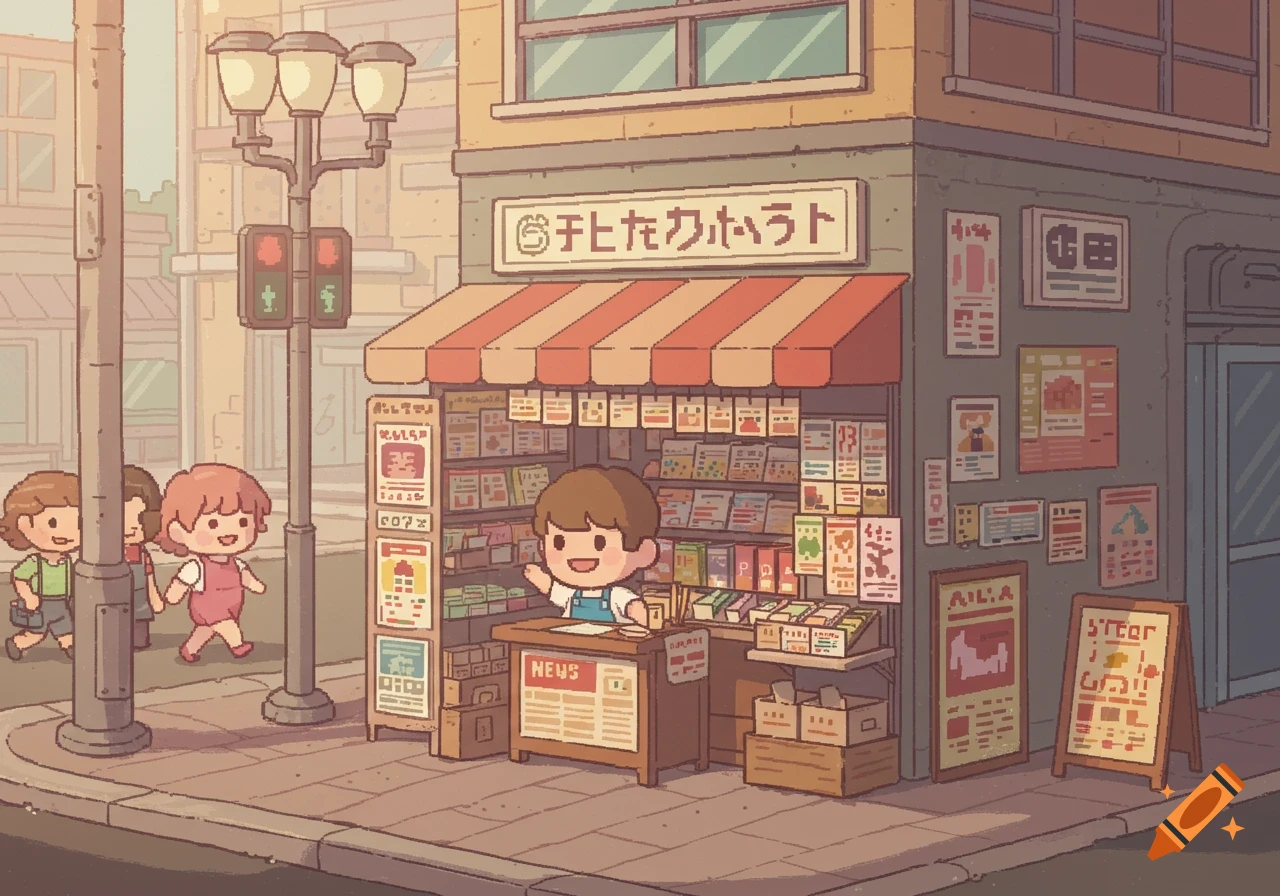 A charming pixel art scene of a chibi newsstand with a vendor waving, and chibi children walking by on a city street.