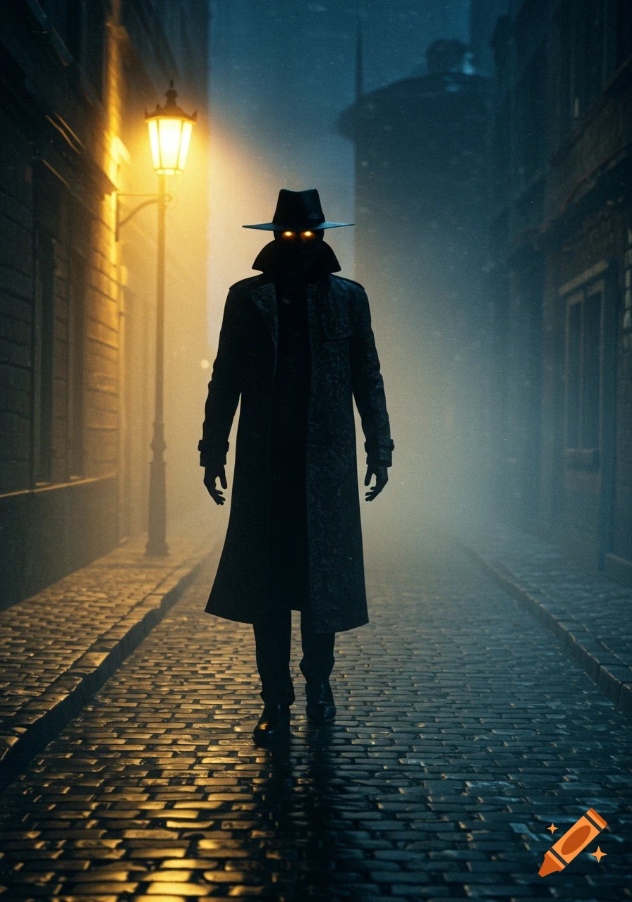 A mysterious figure in a trench coat and hat with glowing eyes stands on a foggy, cobblestone street lit by a gas lamp.