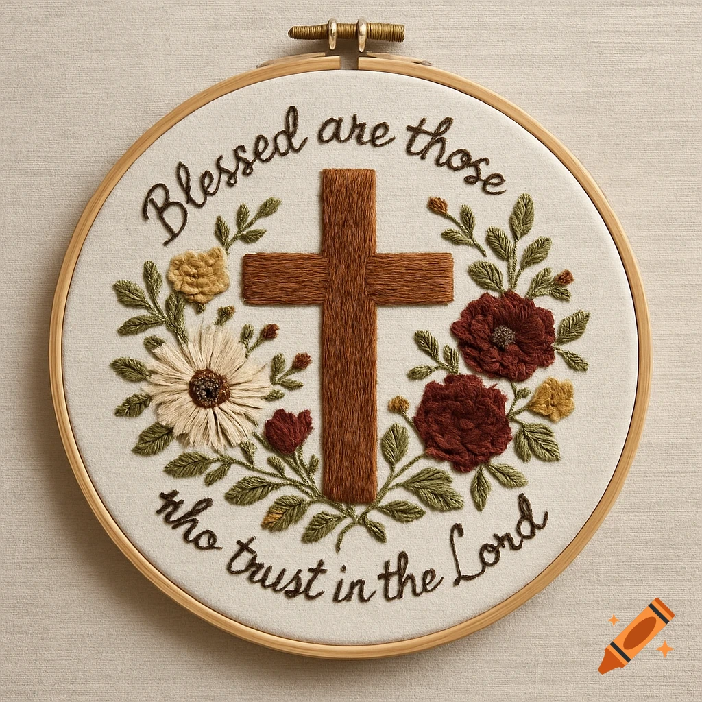 Photorealistic embroidery hoop with a brown cross, earthy flowers, and the verse "Blessed are those who trust in the Lord".