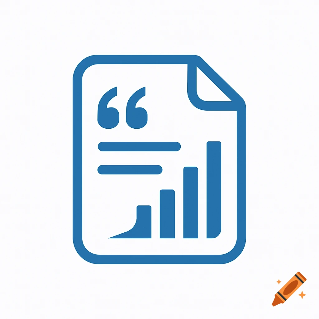 Blue line art icon of a document with a folded corner, quotation marks, text lines, and a bar graph.