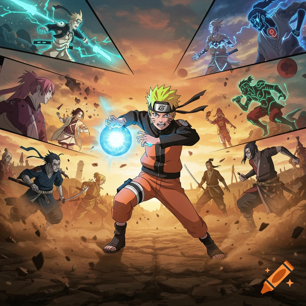 Naruto forms a blue energy orb, surrounded by diverse anime-style characters in a dynamic battle scene under an orange sky.