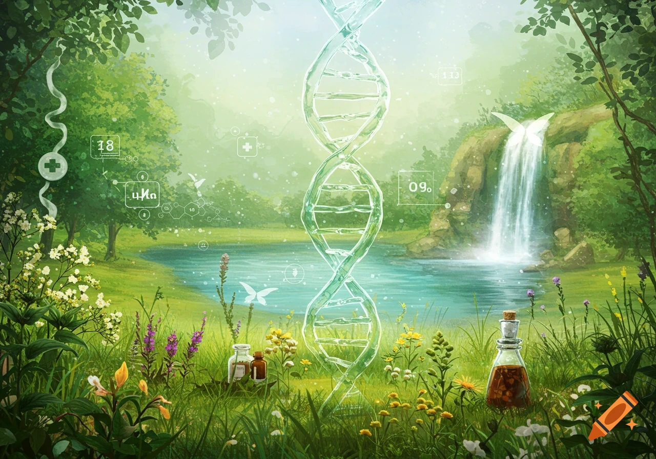 An ethereal illustration of a glowing DNA helix in a lush, vibrant green forest landscape with a pond and waterfall, flanked by various plants and chemical equipment. Sci-fi UI elements float in the background.