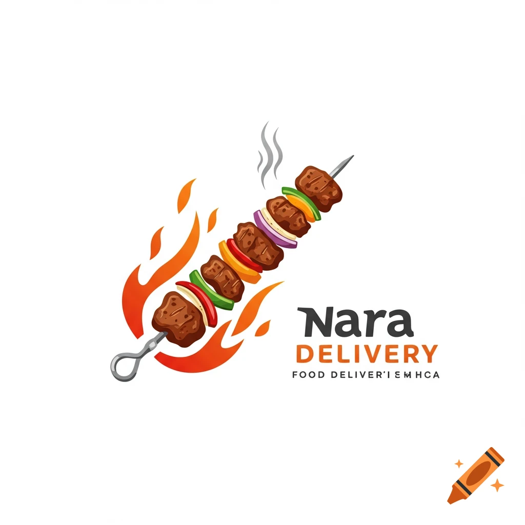A logo for Nara Delivery, featuring a shish kebab skewer with meat and vegetables, engulfed in flames, on a white background.
