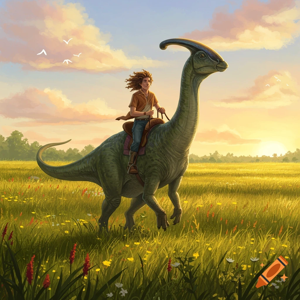 Illustrated boy with curly hair rides a green Parasaurolophus through a wildflower field at sunset.