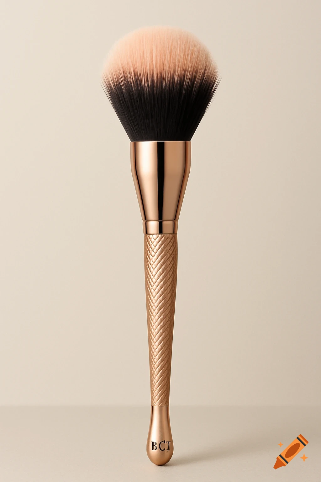 A luxurious rose gold makeup brush with a textured handle and black bristles fading to light peach tips, engraved with "BCT" on the rounded end.