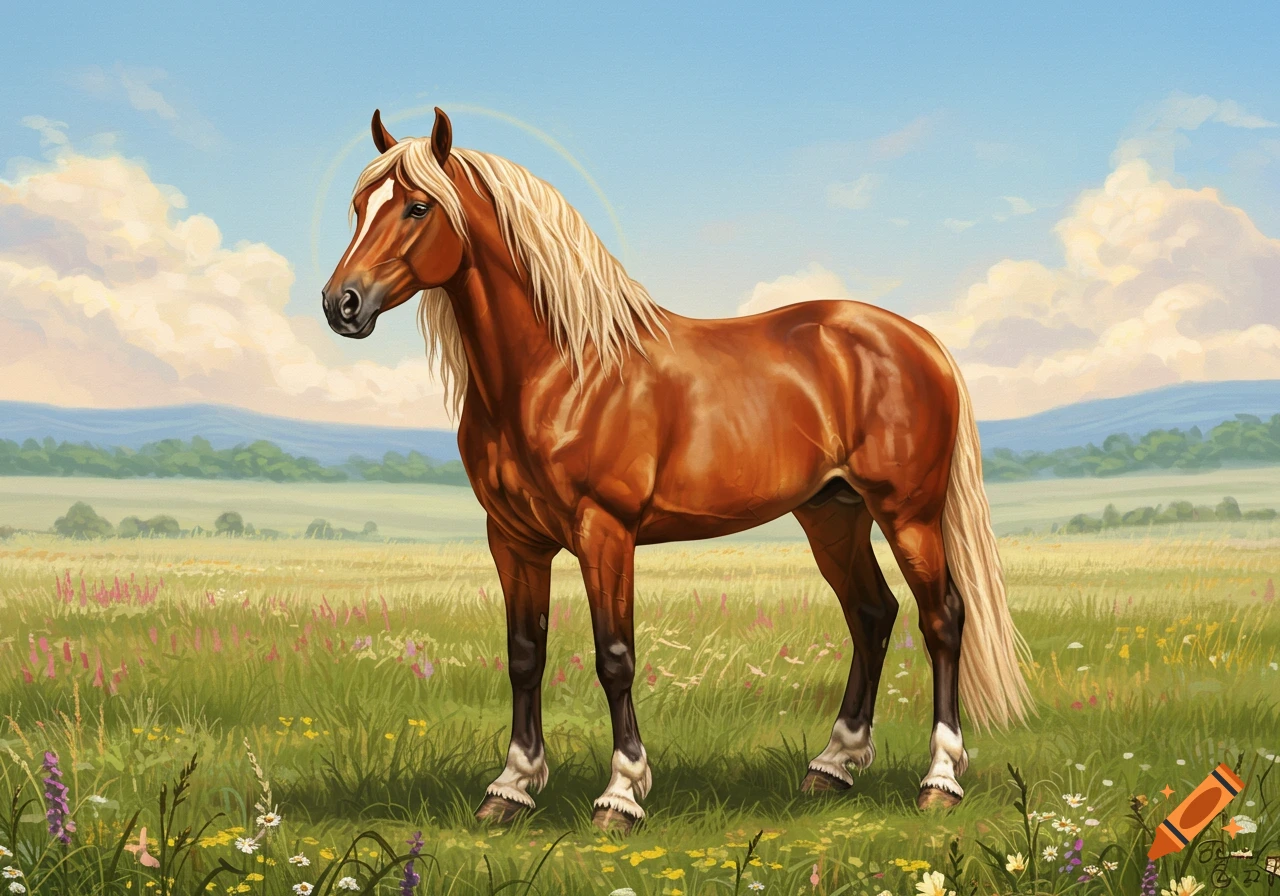 A brown horse with a blonde mane and tail stands in a vibrant green meadow filled with wildflowers under a blue sky, in an illustrative style.