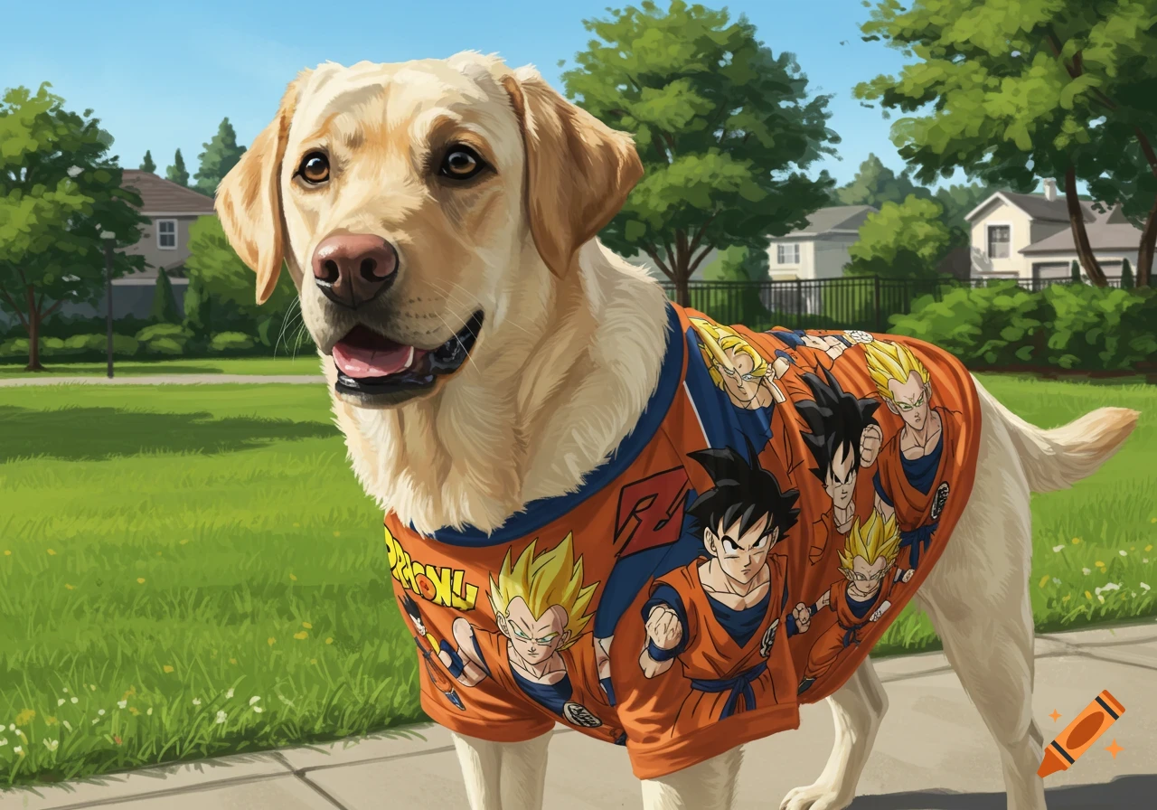 A happy yellow Labrador retriever wearing an orange Dragon Ball Z t-shirt stands on a sidewalk in a sunny park.