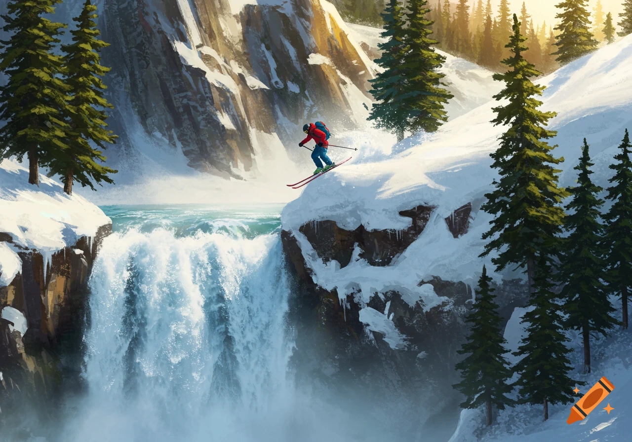 A skier in red and blue gear stands on the snowy edge of a powerful waterfall in a vibrant winter mountain landscape, painted illustration.