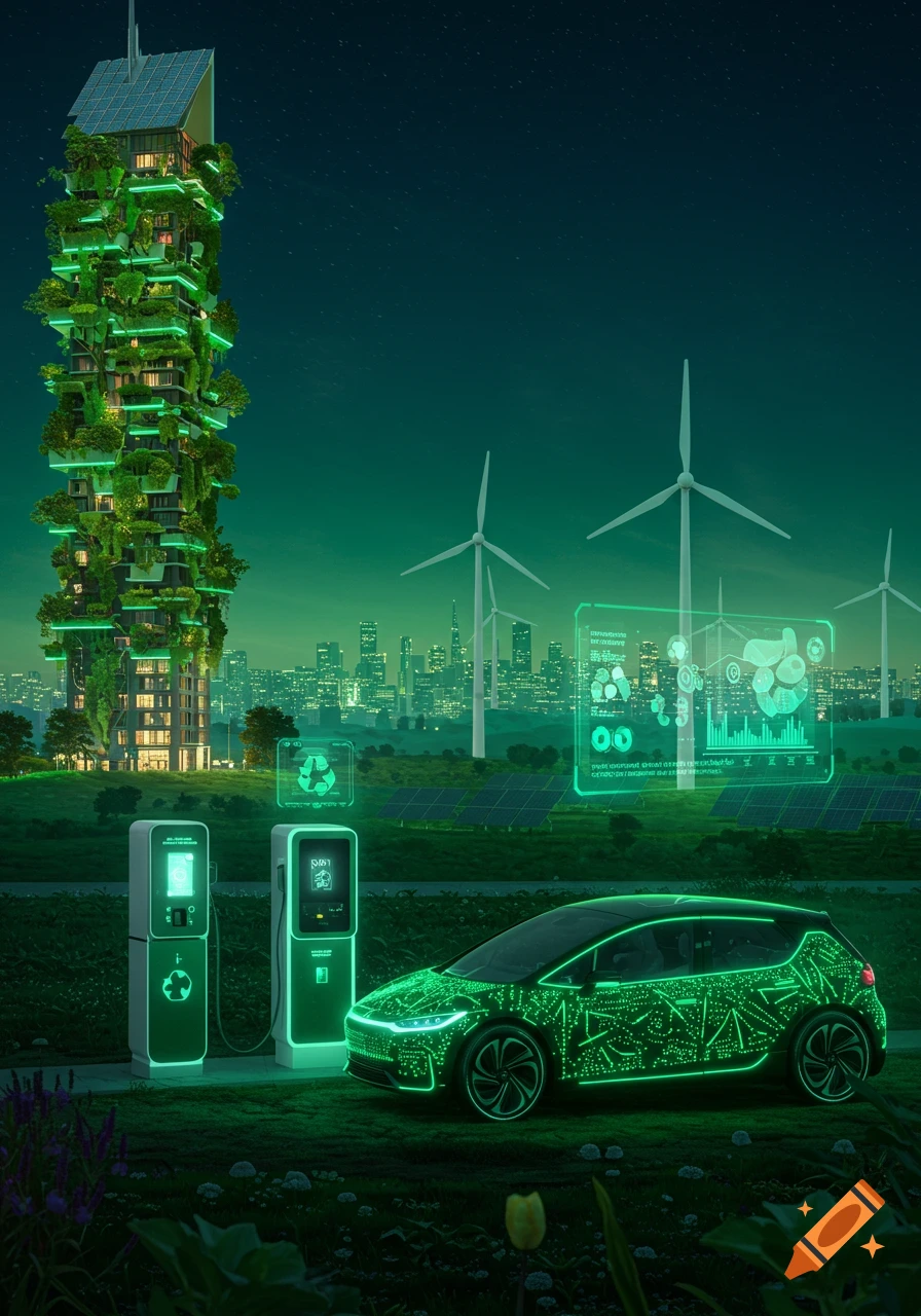 Futuristic green city scene with a glowing electric car charging, a vertical garden skyscraper, wind turbines, and holographic displays at night.