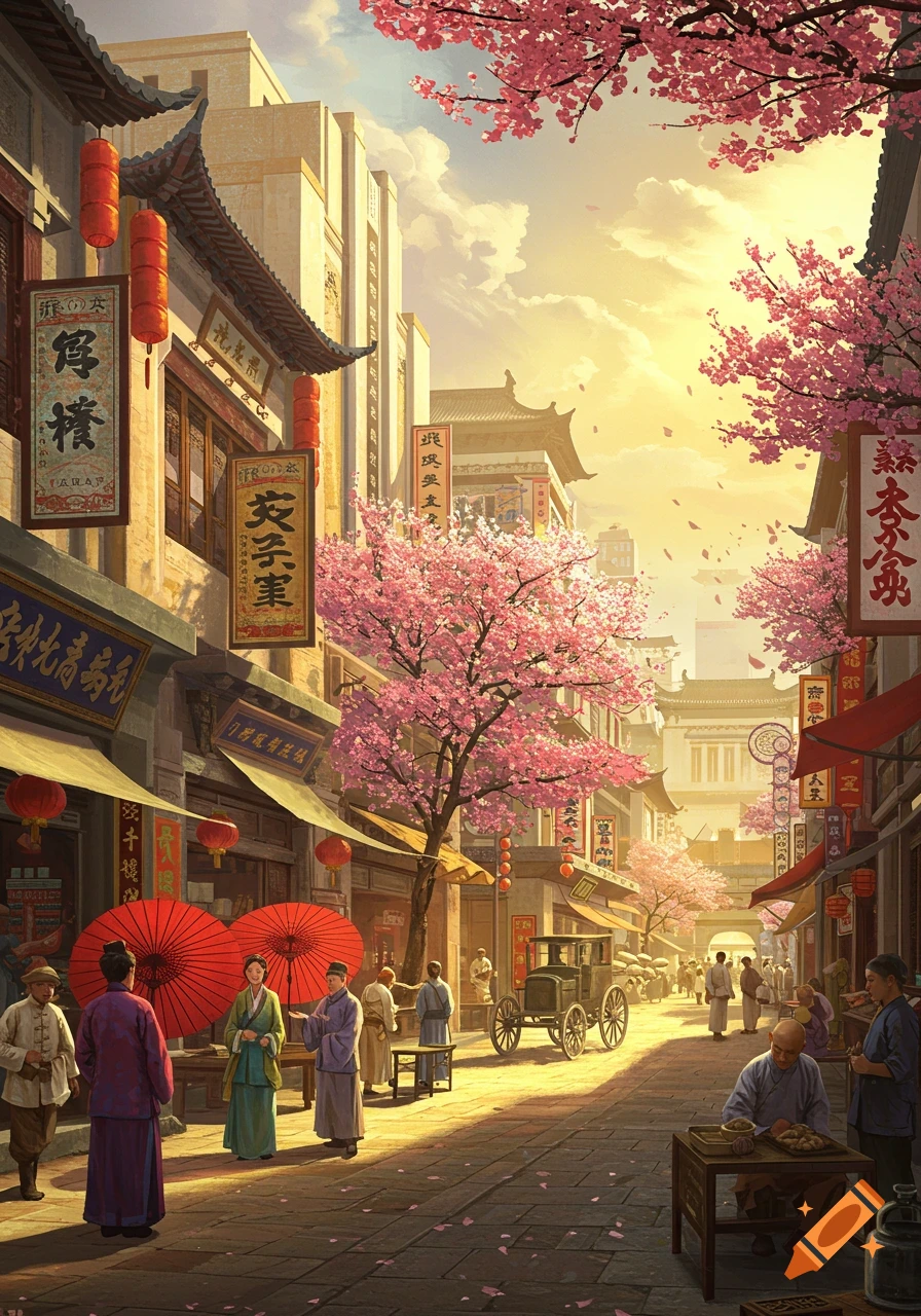 A bustling street scene in an old Chinese city during spring, with traditional buildings, red lanterns, cherry blossom trees, and people in period attire, under a warm, sunny sky.