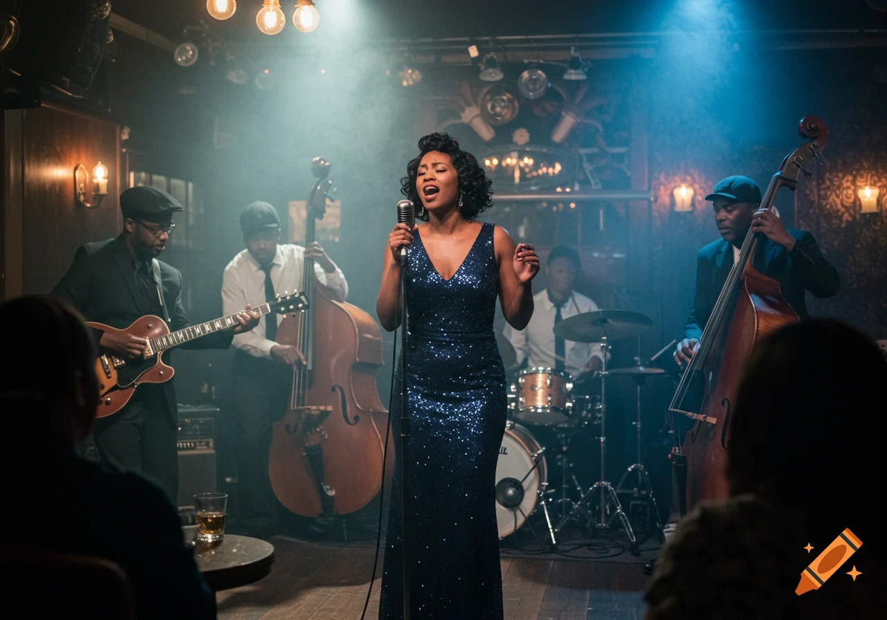A female singer in a sparkling blue dress performs with a blues band on stage in a dimly lit, smoky club.