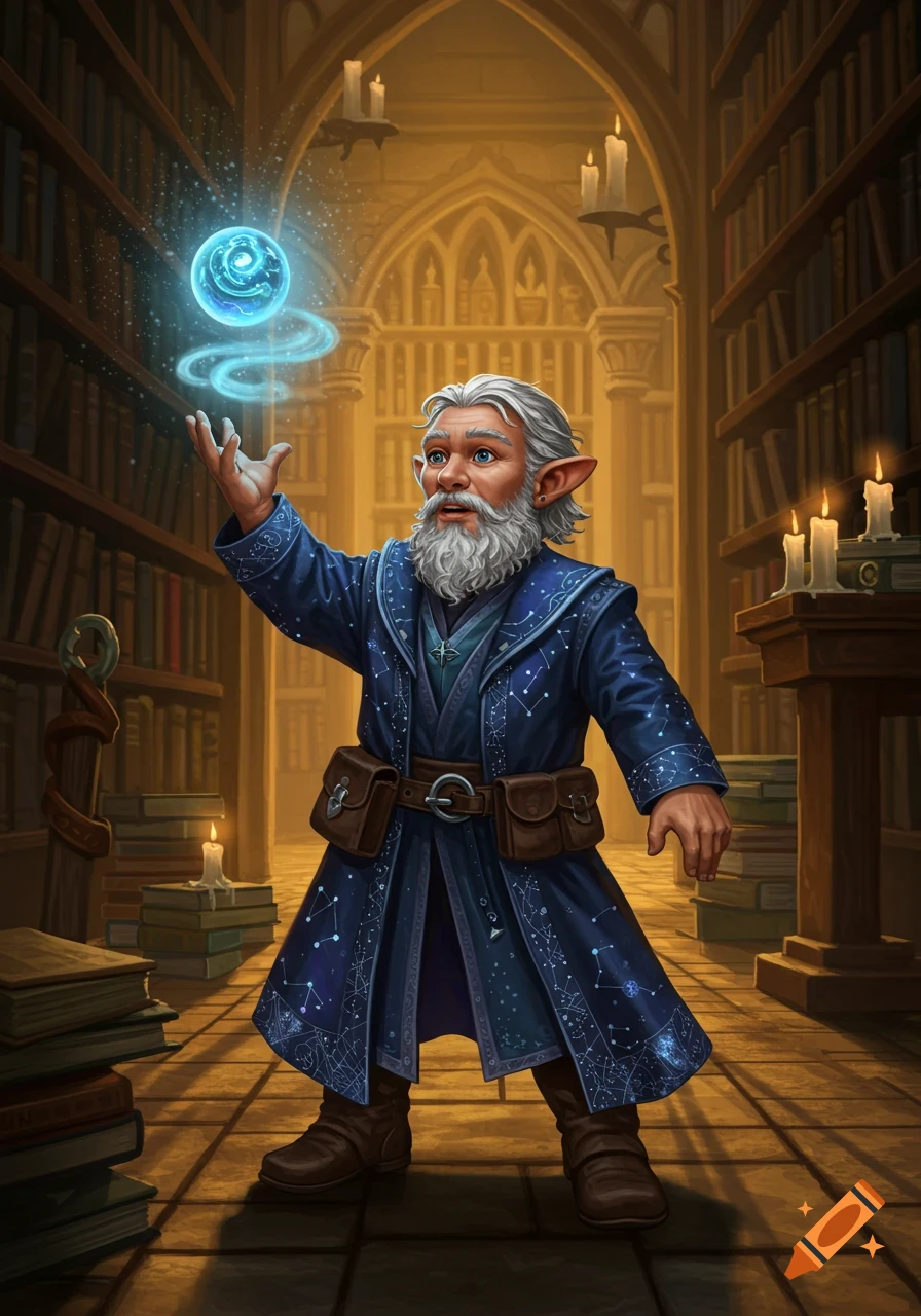 A gray-haired halfling wizard in a star-patterned blue robe conjures a glowing blue orb in a candlelit library.