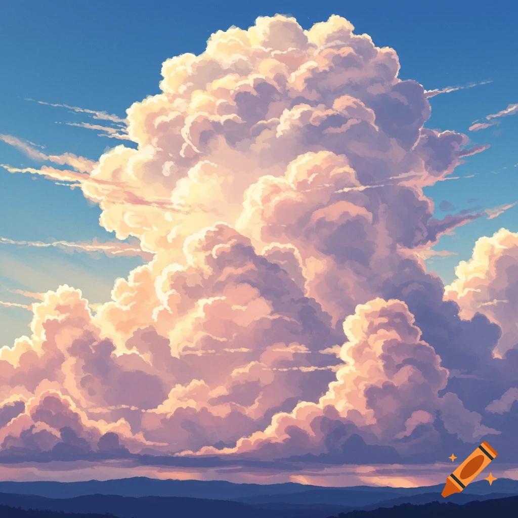 Vast cumulus clouds in golden and pink hues against a blue sky, over dark mountains, in an anime art style.