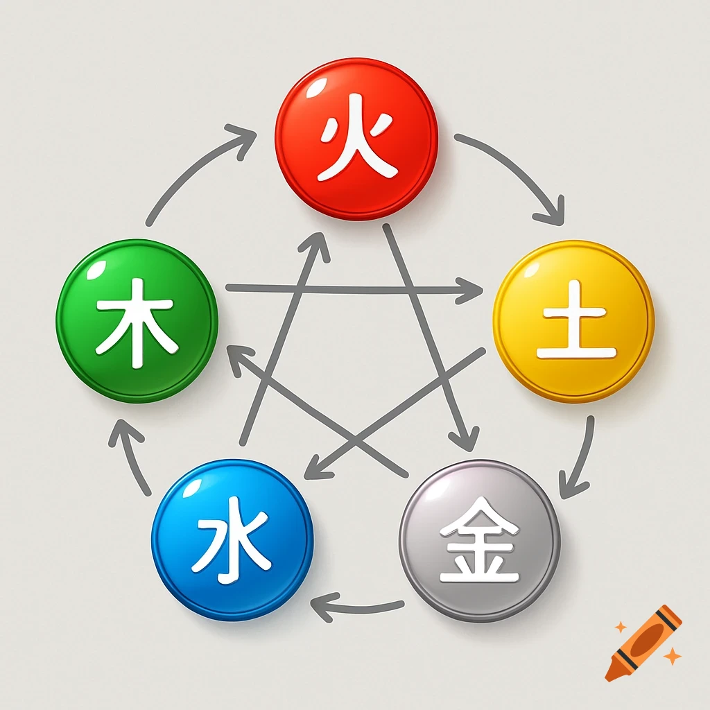 A colorful diagram showing the Five Elements (Fire, Earth, Metal, Water, Wood) as characters in circles connected by arrows.