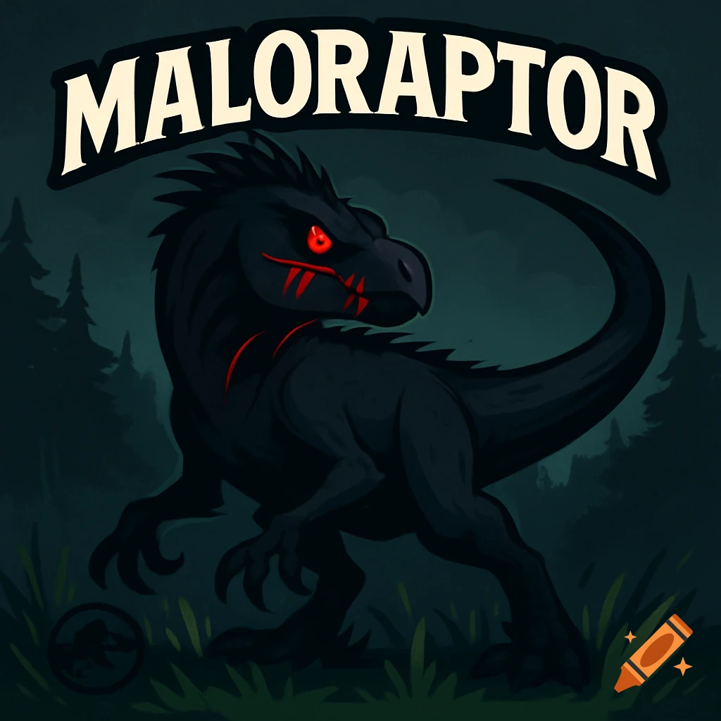 Red Eye Raptor Cartoon dark raptor dinosaur with red eyes and markings in a forest ...