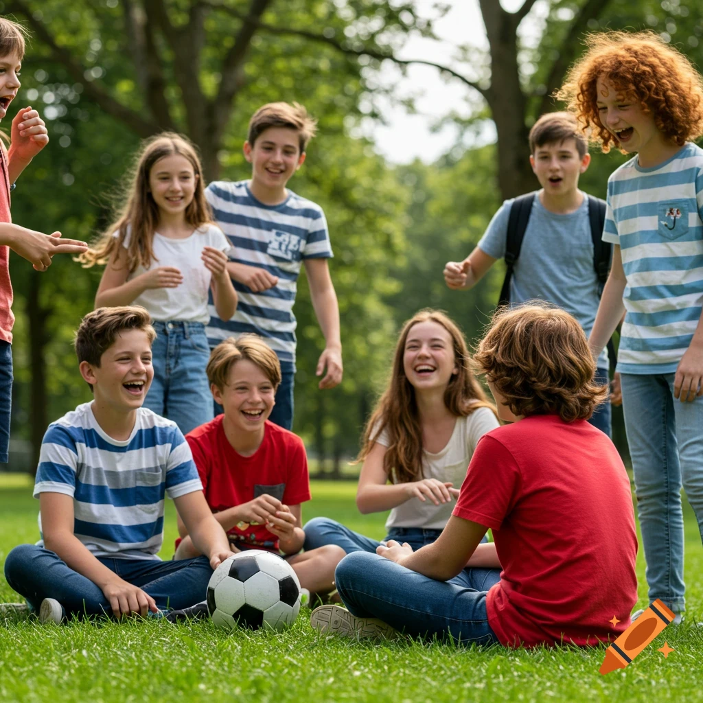 A group of laughing children, appearing to be around 12 years old, enjoying time together in a grassy park, some sitting and some standing, with a soccer ball on the ground.