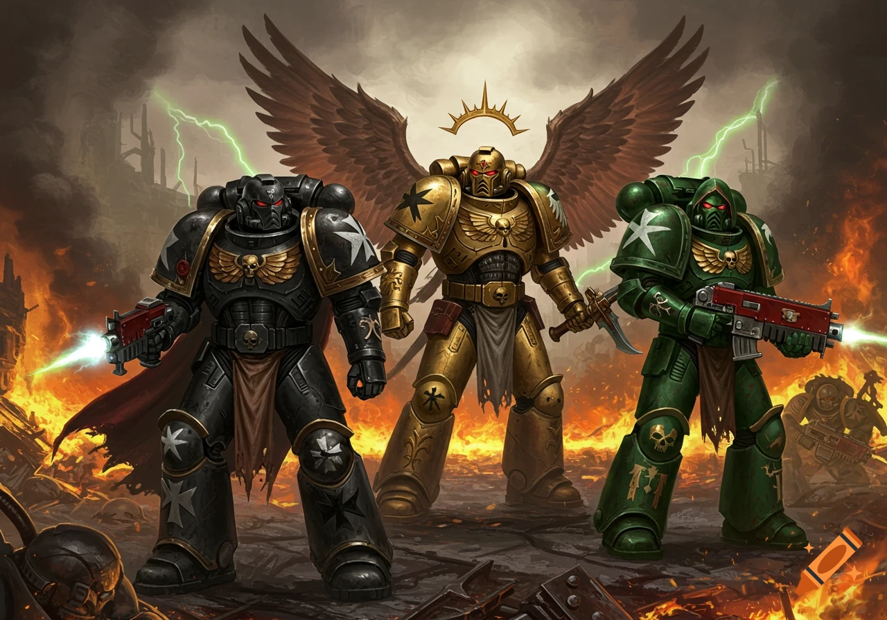 Three armored Space Marines in black, gold, and green stand on a fiery battlefield under stormy skies.