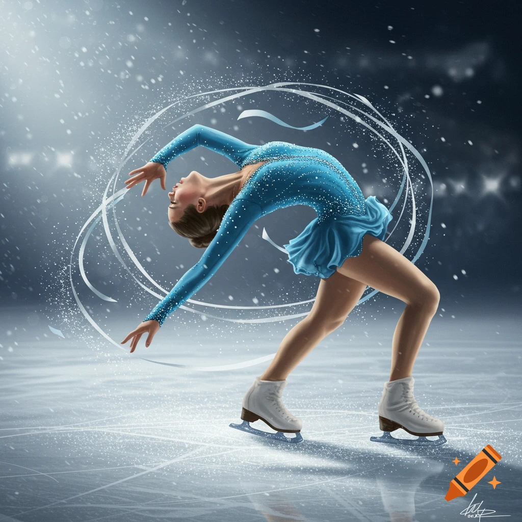 A female figure skater in a blue dress leans back on the ice, surrounded by swirling light and snow, in a dynamic digital art style.