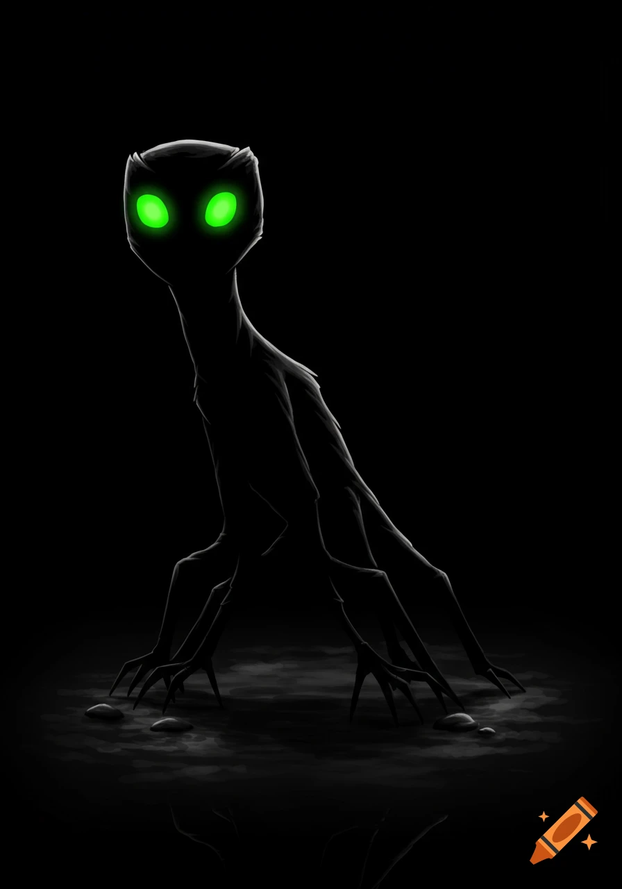 A dark, slender creature with glowing green eyes and long limbs stands in the shadows, looking eerie and mysterious.