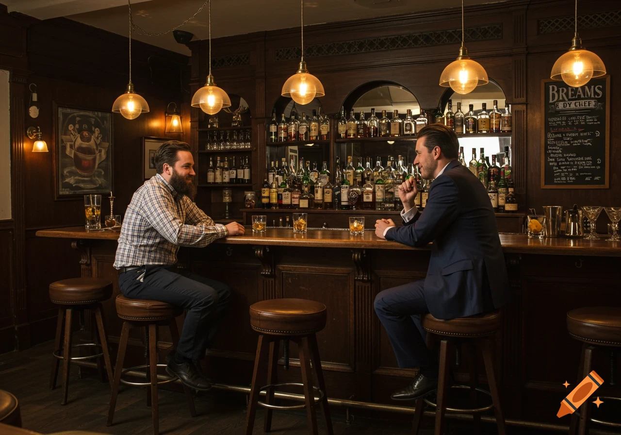 Two men sit at a well-stocked wooden bar, each with a drink, engaging in conversation in a dimly lit, cozy establishment.