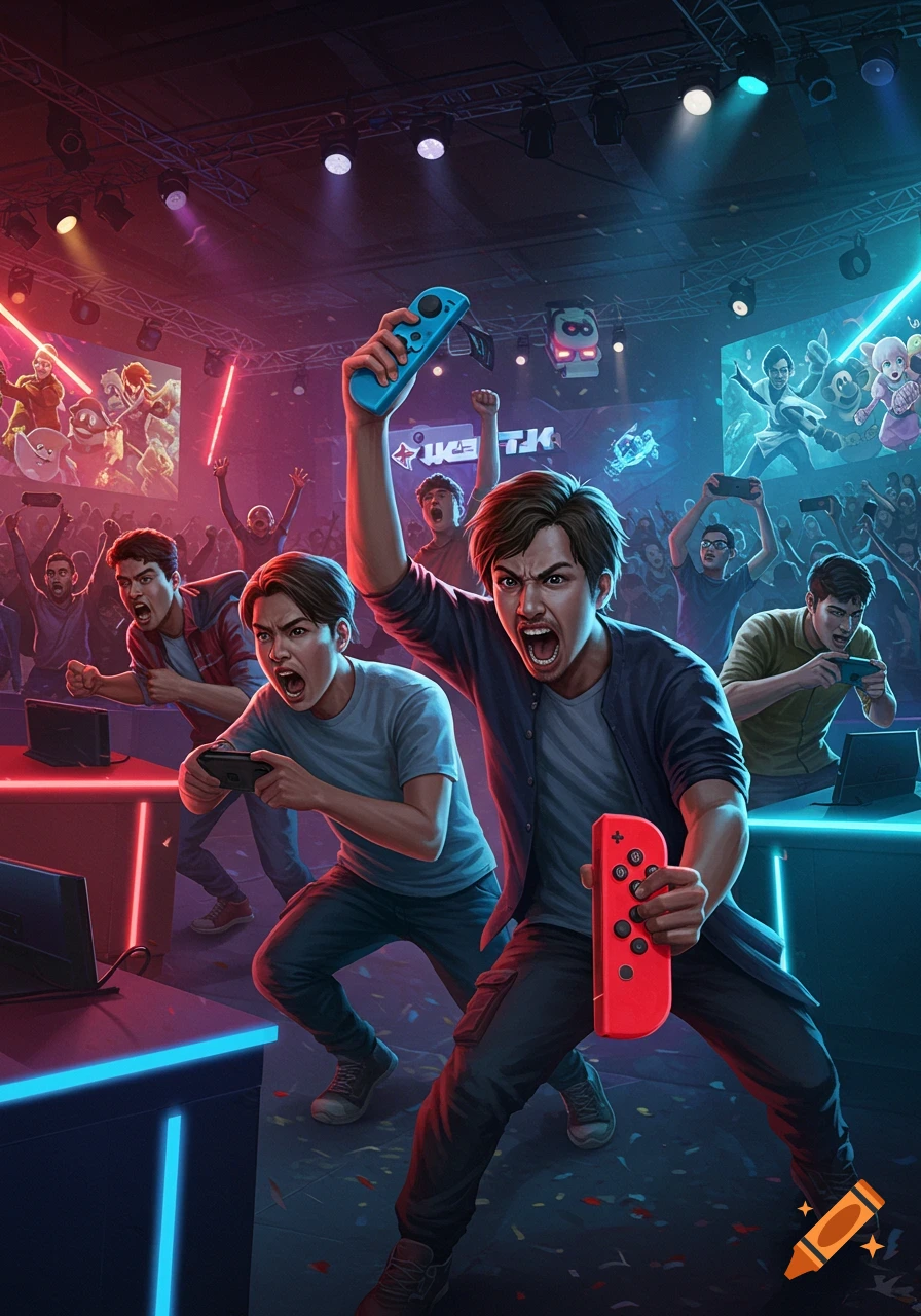 Two excited male gamers compete intensely at a Nintendo Switch tournament, surrounded by a cheering crowd and vibrant neon lights.