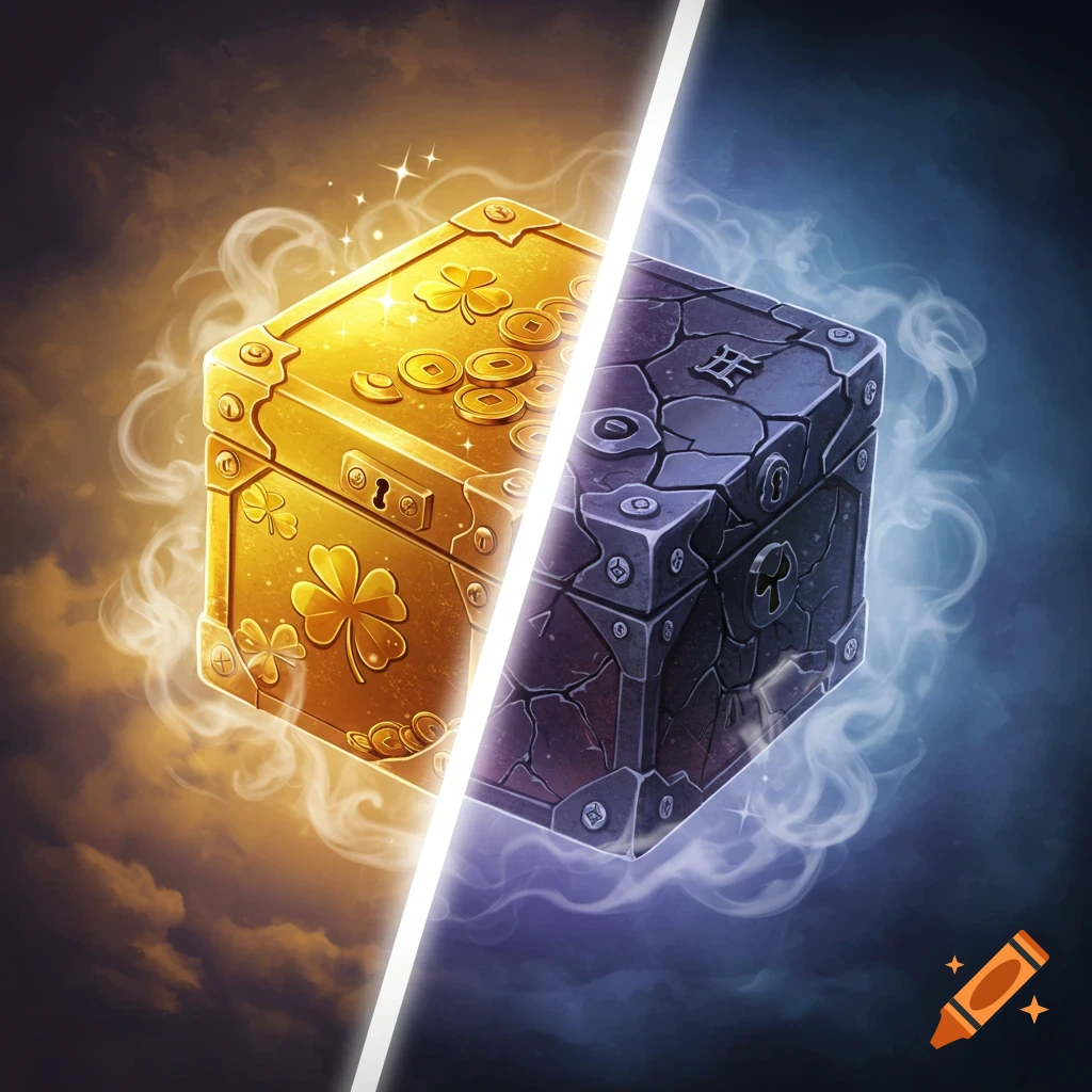 A stylized split image of a fantasy chest; one side is golden with clovers and coins, emanating warm light, while the other is dark, cracked, and emits blue smoke.