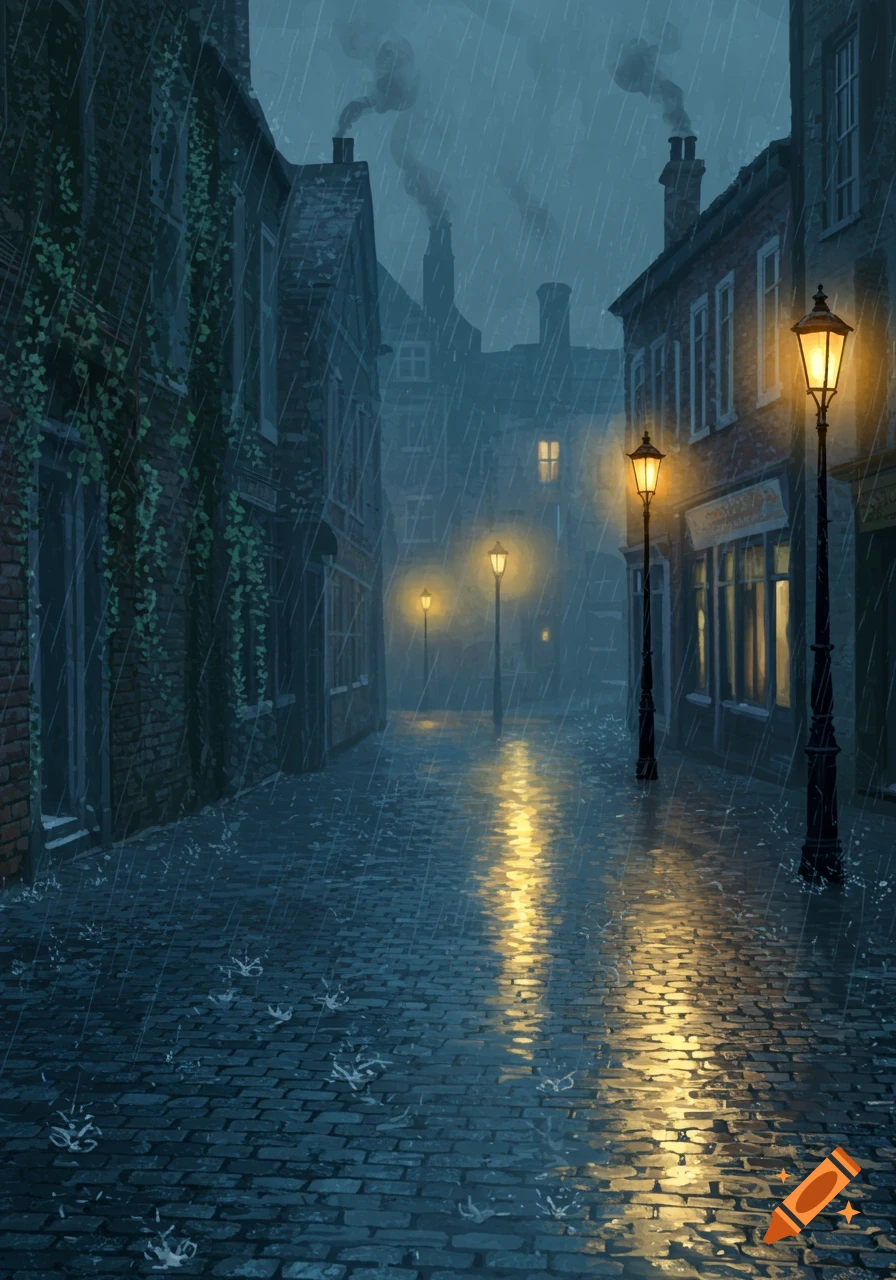 An atmospheric illustration of a cobblestone street in the rain at night, lined with old buildings and illuminated by glowing streetlights.
