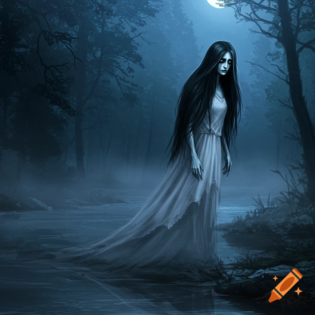 An ethereal ghost woman with long dark hair and a white dress stands in misty water in a dark, moonlit forest.