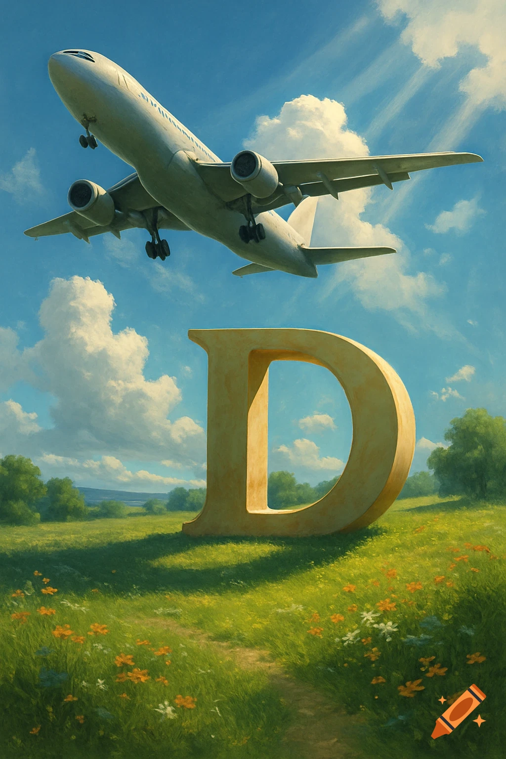 A painted scene of a white airplane flying over a giant golden letter D in a green field with wildflowers under a blue sky.