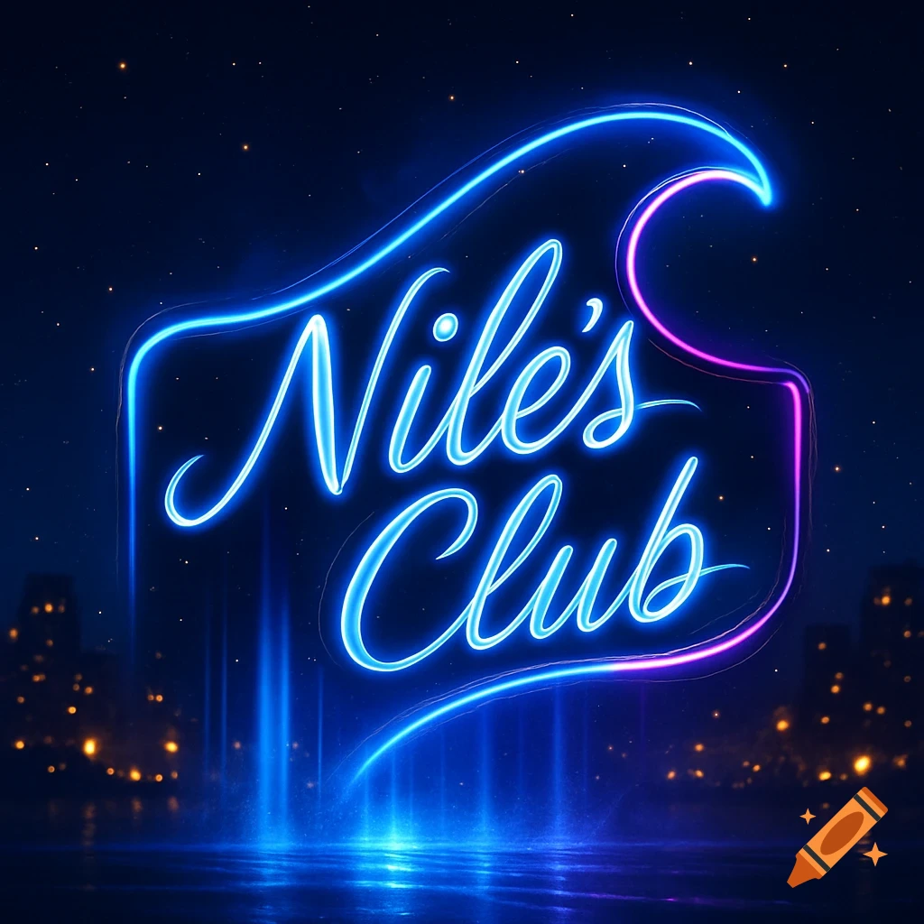 A glowing blue and pink neon sign for 'Nile's Club' with a city skyline and reflections on a wet surface at night.