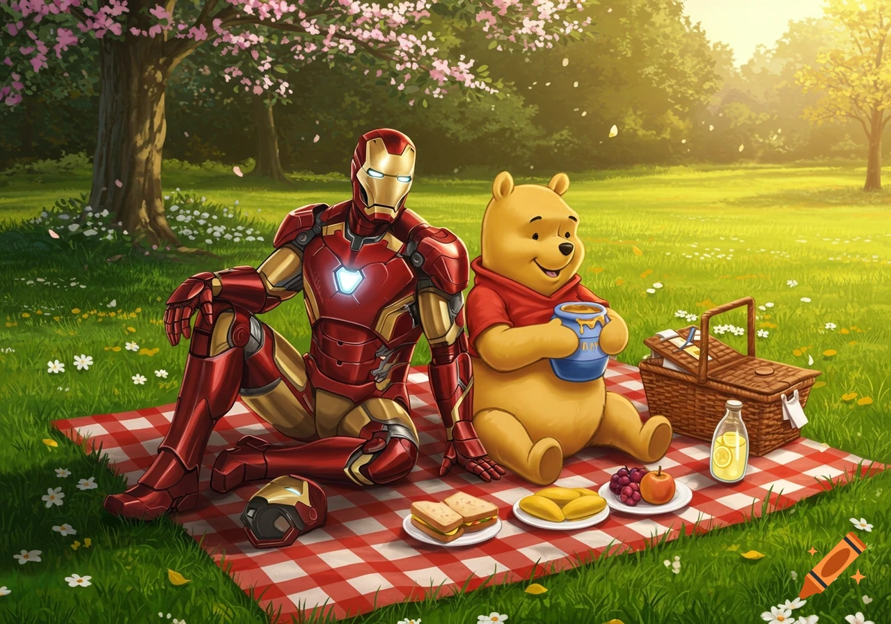 Iron Man and Winnie the Pooh sit on a red and white checkered picnic blanket in a sunny park with cherry blossoms, enjoying food.