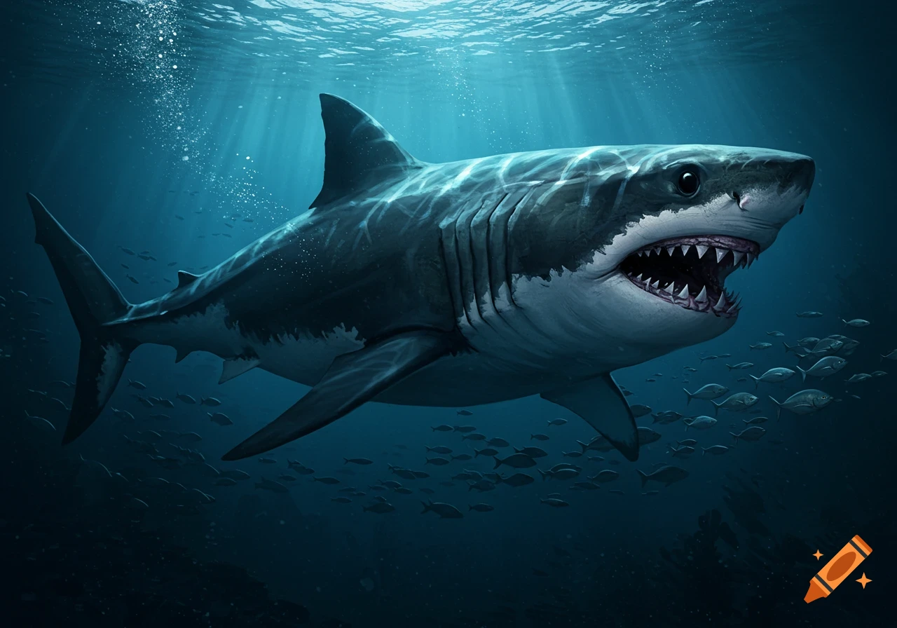 A photorealistic great white shark with an open mouth swims in deep blue ocean water, surrounded by schools of fish and sun rays from above.