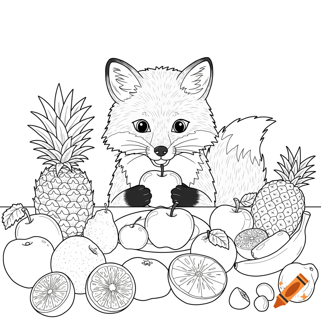 Black and white cartoon line art of a fox eating an apple on a table of fruits for a coloring book.