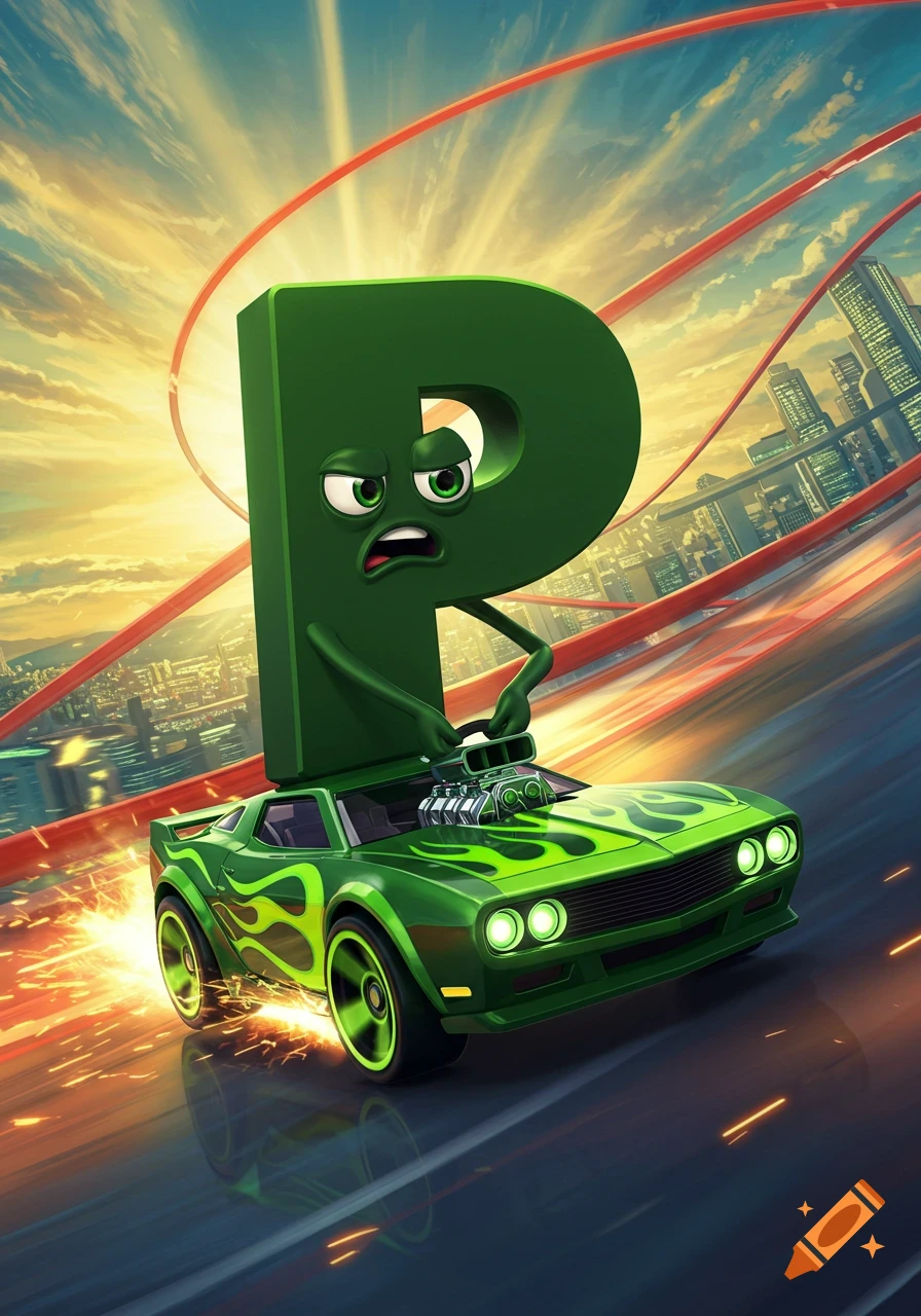 A cartoon dark green letter P with a face drives a green hot rod car with flames on a track, cityscape background.