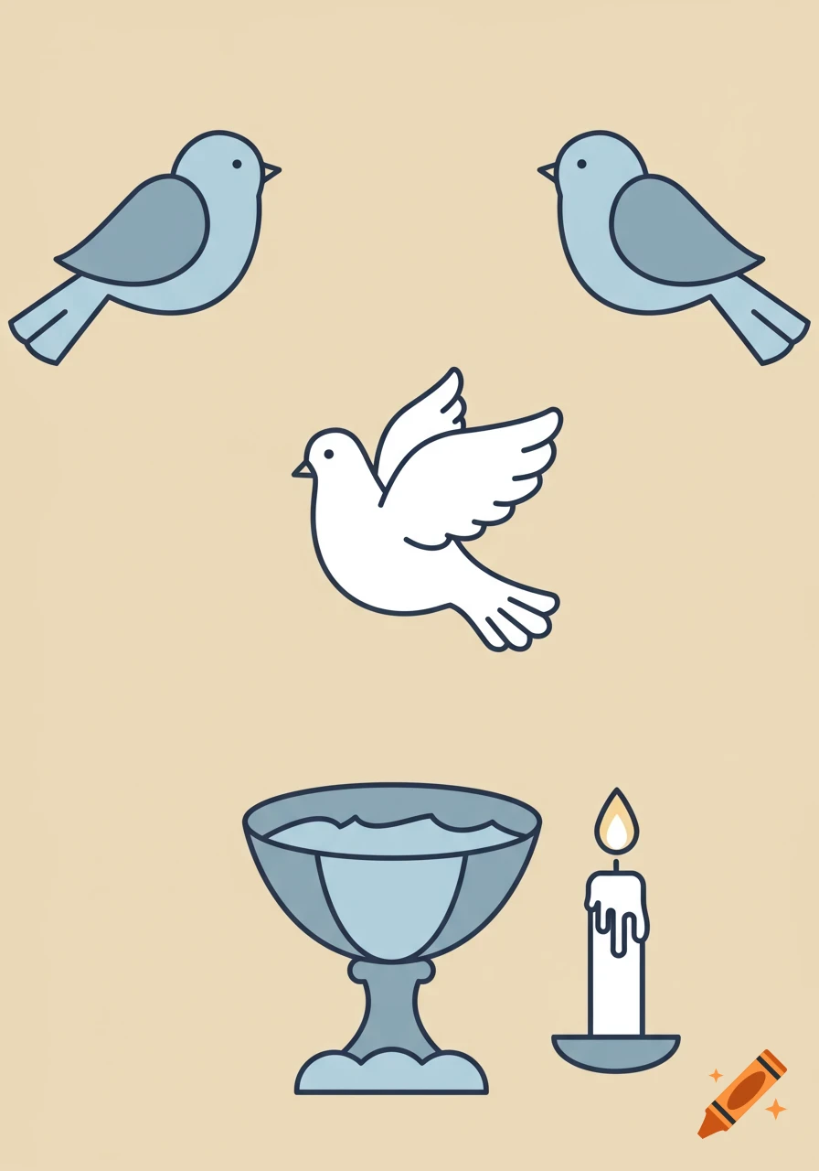Flat illustration of two blue birds, a white dove, a blue baptismal font, and a lit white candle on a beige background.