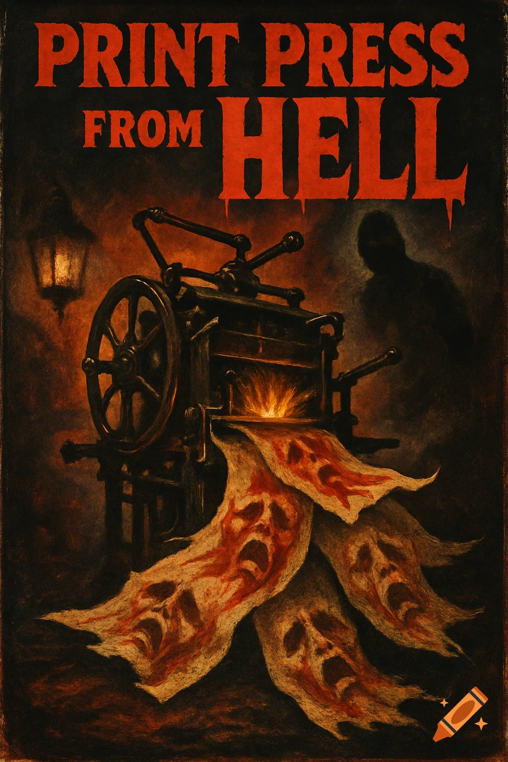 Retro horror movie poster with a menacing print press emitting papers with screaming, blood-stained faces, under the title 'PRINT PRESS FROM HELL'.