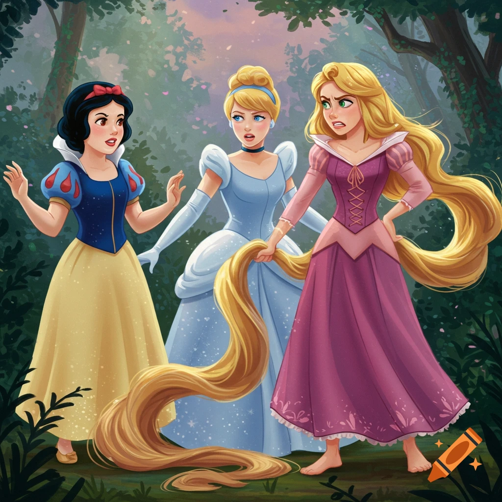 Snow White, Cinderella, and Rapunzel, each looking concerned or annoyed, stand in a lush green forest in a vibrant cartoon illustration style.