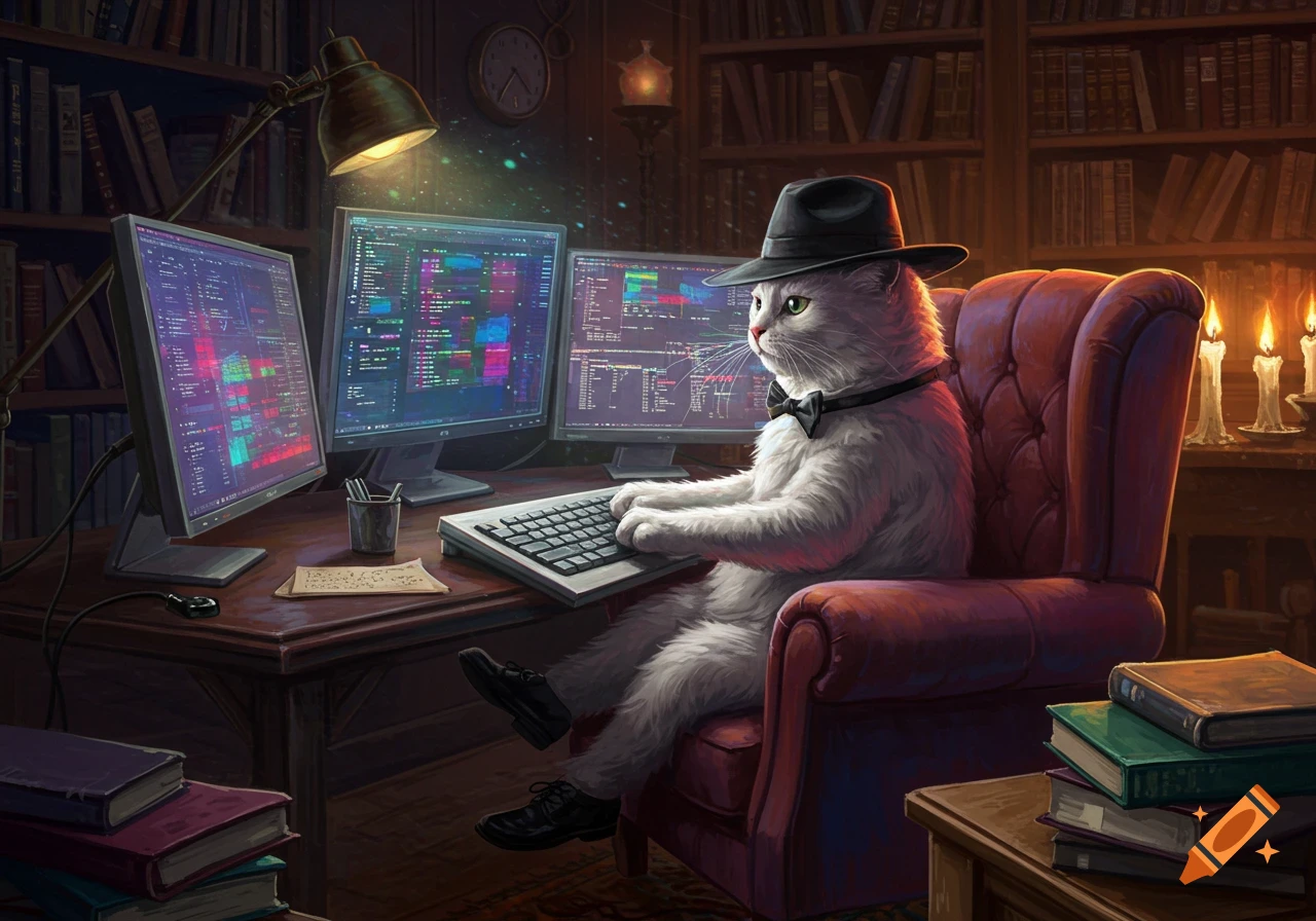 A white cat in a black fedora and bowtie sits in an armchair at a wooden desk, typing on a keyboard with multiple monitors displaying colorful code in a dimly lit library.