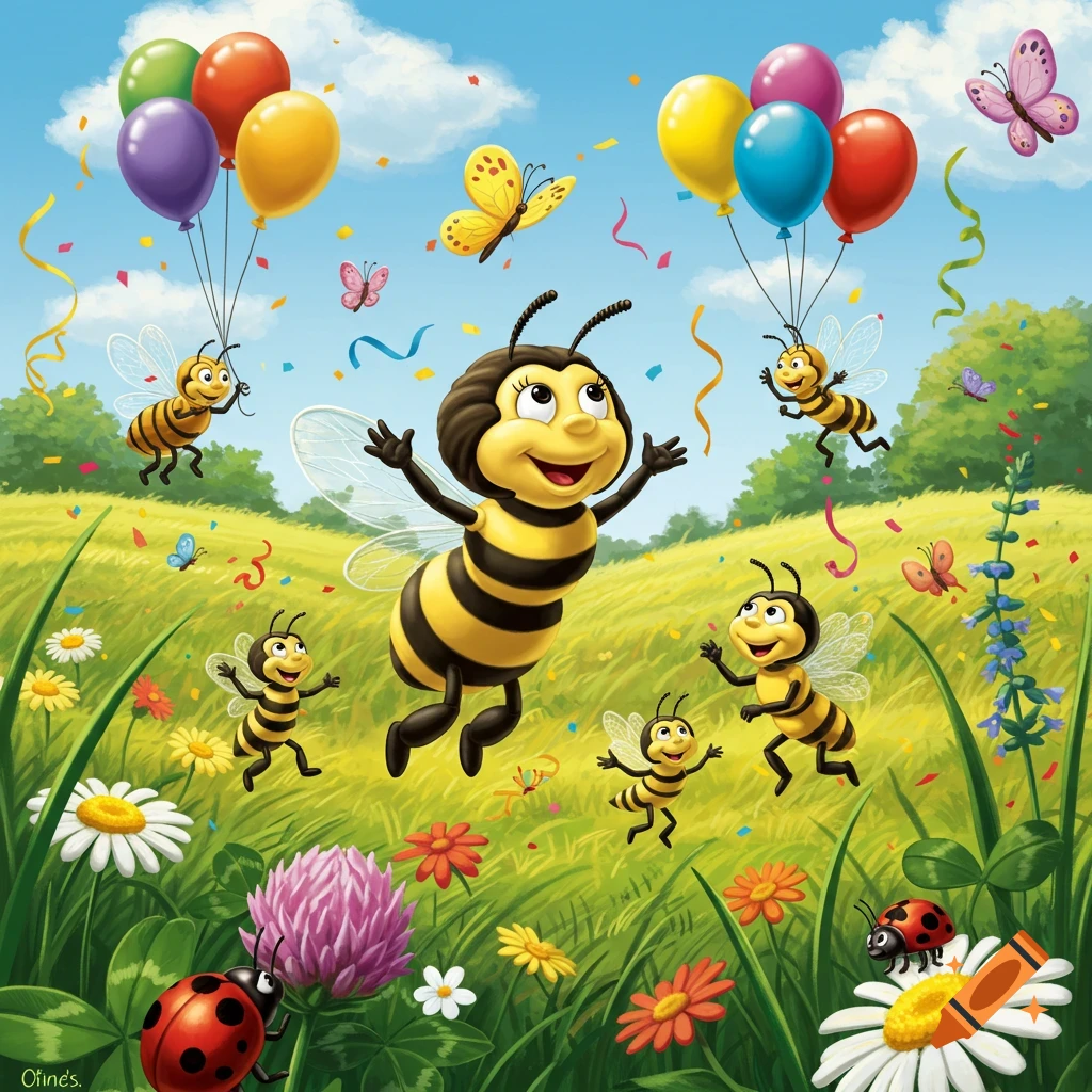 Happy cartoon bees celebrate a birthday with colorful balloons and confetti in a vibrant flower field, surrounded by butterflies and ladybugs.