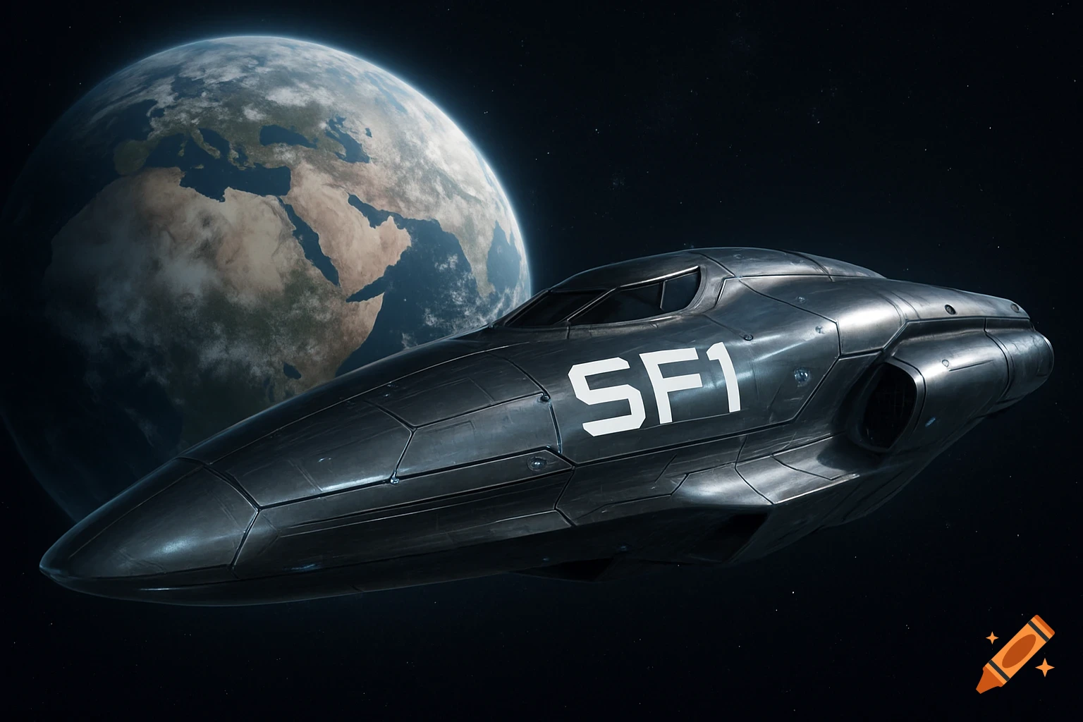 A futuristic dark grey spacecraft with "SF1" painted on its side, flying in deep space with planet Earth in the background.