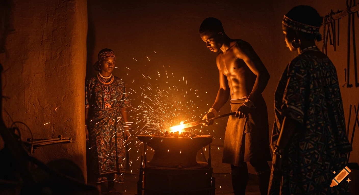 A shirtless young African blacksmith works on incandescent iron with sparks flying, observed by two women in traditional clothes in a dimly lit forge.