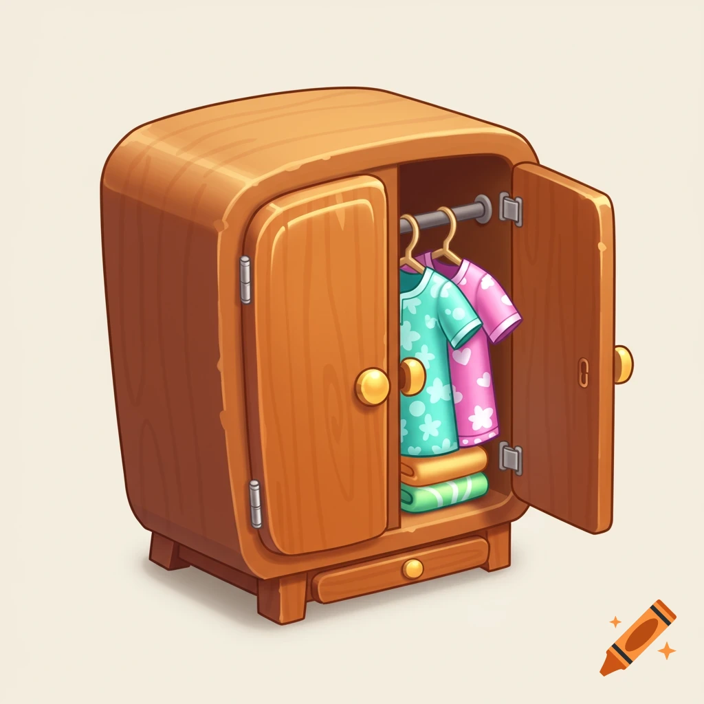 A stylized 2D cartoon icon of an open wooden wardrobe with clothes inside.
