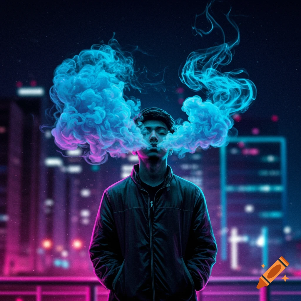 A person exhales blue and pink vape smoke, silhouetted against a neon-lit futuristic city at night.