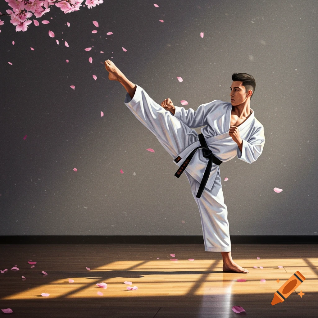 A man in a white karate gi and black belt performs a high kick in a sunlit dojo, with pink cherry blossom petals falling.