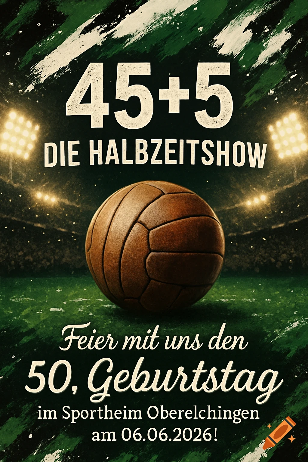 A vintage-style birthday invitation with a football theme. It features an old brown soccer ball on a green field with stadium lights and German text.