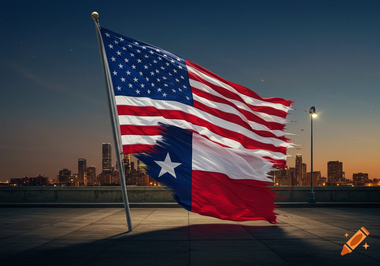 A composite flag of the United States and Texas, with the US flag appearing to consume the Texas flag in a brushstroke effect, overlooking a city skyline at dusk.